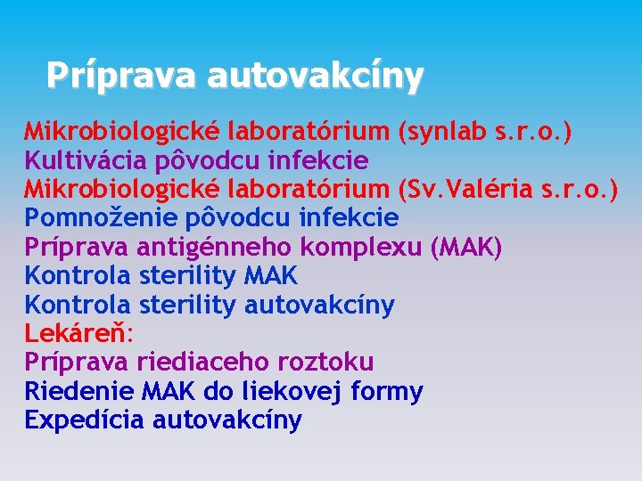 Príprava autovakcíny Mikrobiologické laboratórium (synlab s. r. o. ) Kultivácia pôvodcu infekcie Mikrobiologické laboratórium