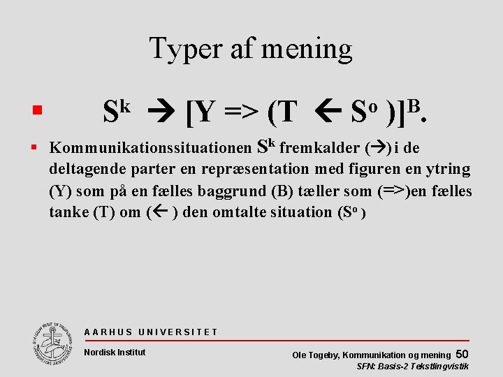 Typer af mening Sk [Y => (T So )]B. Kommunikationssituationen Sk fremkalder ( )