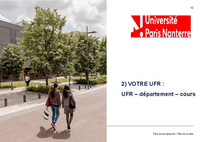 10 BIENVENUE ! 2) VOTRE UFR : UFR – département – cours Titre du