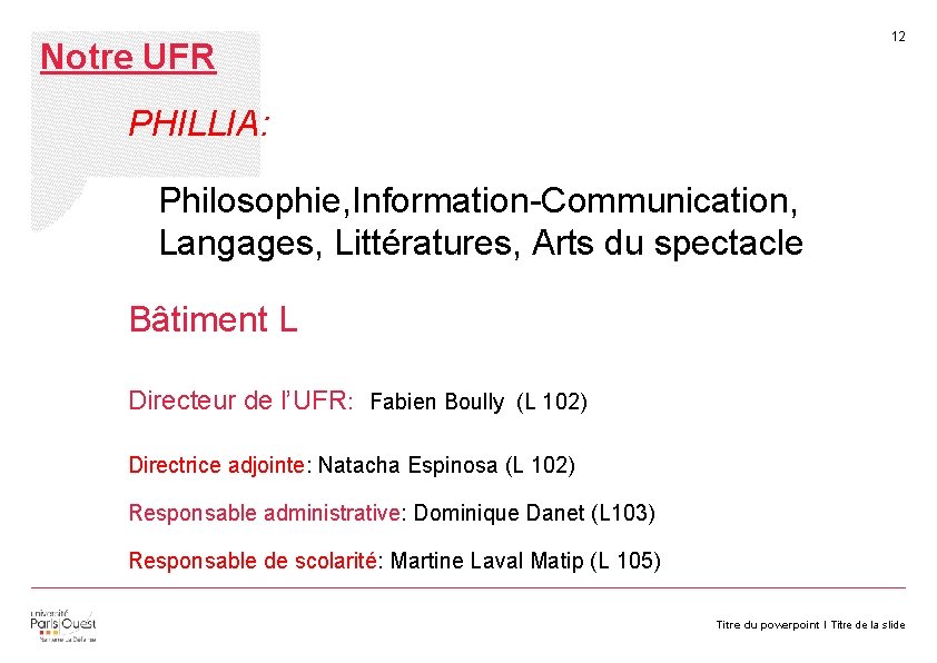 12 Notre UFR PHILLIA: Philosophie, Information-Communication, Langages, Littératures, Arts du spectacle Bâtiment L Directeur
