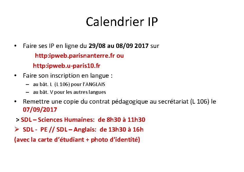 Calendrier IP • Faire ses IP en ligne du 29/08 au 08/09 2017 sur