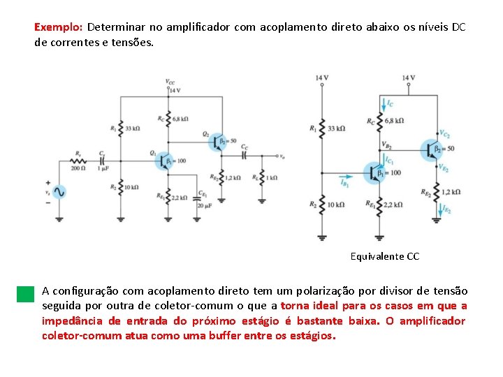 Exemplo: Determinar no amplificador com acoplamento direto abaixo os níveis DC de correntes e