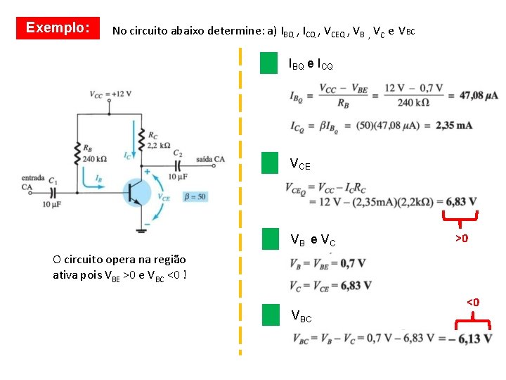 Exemplo: No circuito abaixo determine: a) IBQ , ICQ , VCEQ , VB ,