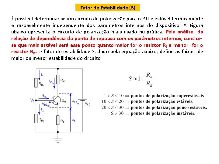 Fator de Estabilidade (S) É possível determinar se um circuito de polarização para o