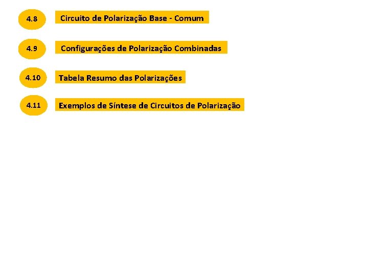 4. 8 Circuito de Polarização Base - Comum 4. 9 Configurações de Polarização Combinadas