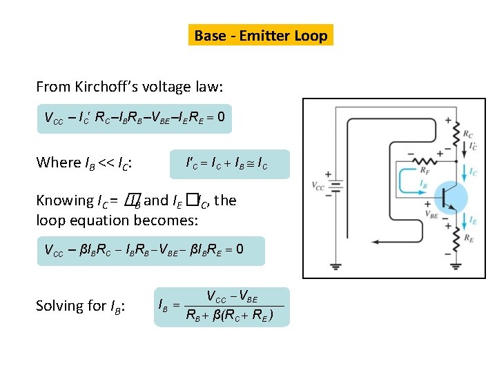 Base - Emitter Loop From Kirchoff’s voltage law: VCC – IC RC –IBRB –VBE