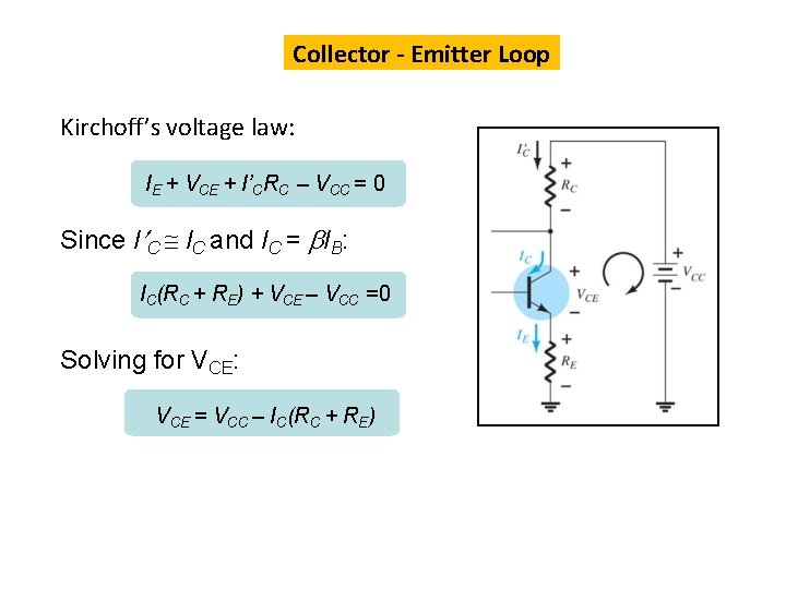 Collector - Emitter Loop Kirchoff’s voltage law: IE + VCE + I’CRC – VCC