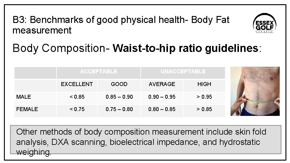 B 3: Benchmarks of good physical health- Body Fat measurement Body Composition- Waist-to-hip ratio