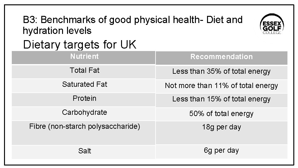 B 3: Benchmarks of good physical health- Diet and hydration levels Dietary targets for