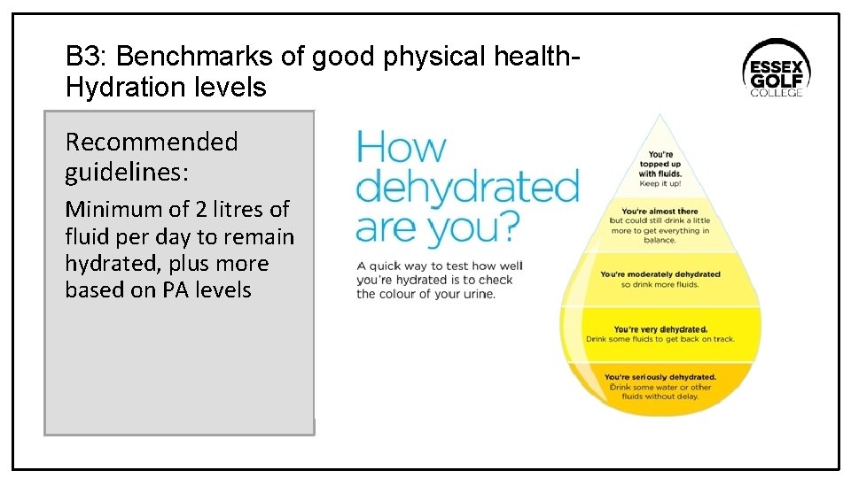 B 3: Benchmarks of good physical health. Hydration levels Recommended guidelines: Minimum of 2