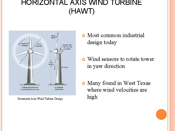 HORIZONTAL AXIS WIND TURBINE (HAWT) Horizontal Axis Wind Turbine Design Most common industrial design