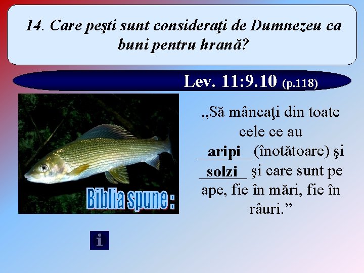 14. Care peşti sunt consideraţi de Dumnezeu ca buni pentru hrană? Lev. 11: 9.