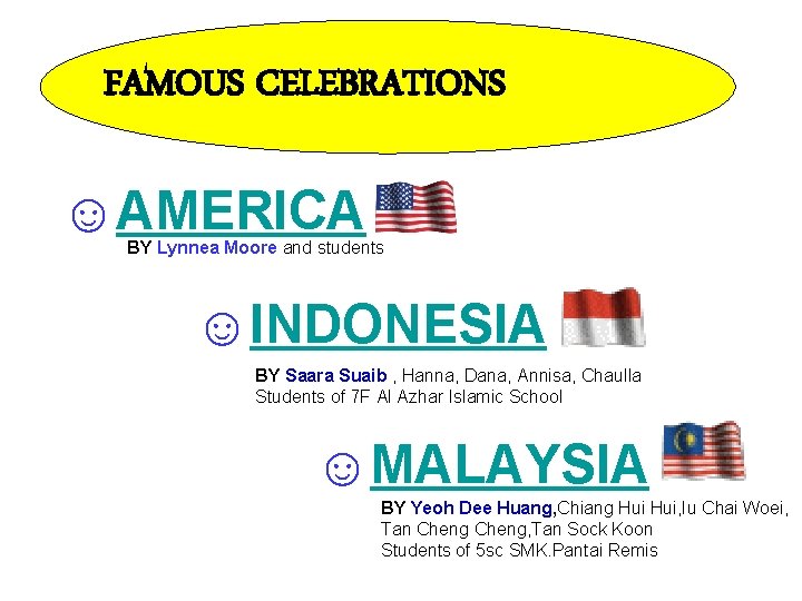 FAMOUS CELEBRATIONS ☺AMERICA BY Lynnea Moore and students ☺INDONESIA BY Saara Suaib , Hanna,