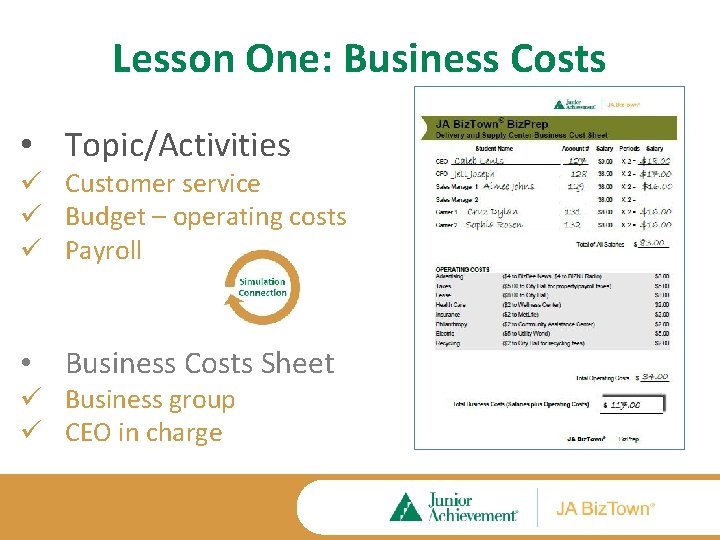 Lesson One: Business Costs • Topic/Activities ü Customer service ü Budget – operating costs