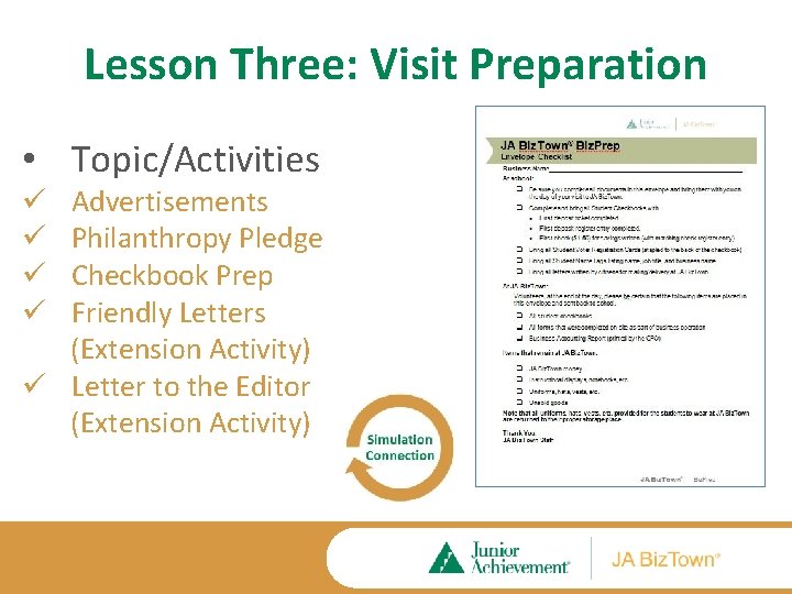 Lesson Three: Visit Preparation • Topic/Activities Advertisements Philanthropy Pledge Checkbook Prep Friendly Letters (Extension