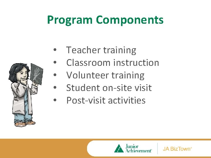 Program Components • • • Teacher training Classroom instruction Volunteer training Student on-site visit