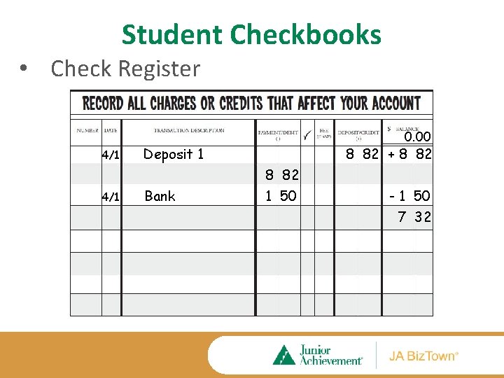 Student Checkbooks • Check Register 4/1 0. 00 Deposit 1 Bank 8 82 +