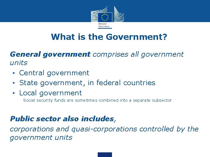 What is the Government? • General government comprises all government units • Central government