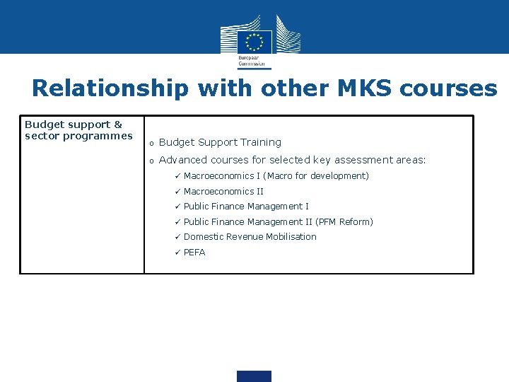 Relationship with other MKS courses Budget support & sector programmes o Budget Support Training