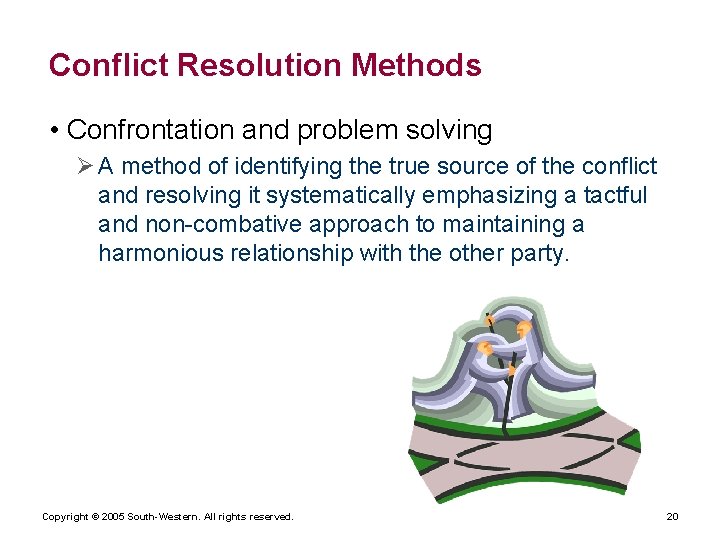 Conflict Resolution Methods • Confrontation and problem solving Ø A method of identifying the