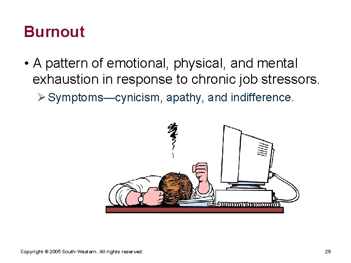 Burnout • A pattern of emotional, physical, and mental exhaustion in response to chronic