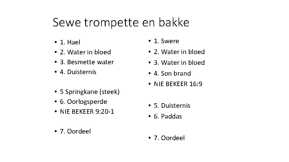 Sewe trompette en bakke • • 1. Hael 2. Water in bloed 3. Besmette