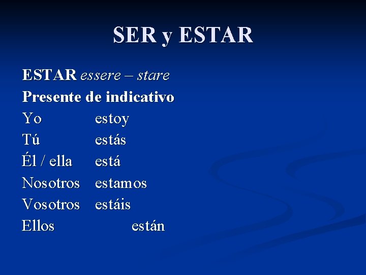 SER y ESTAR essere – stare Presente de indicativo Yo estoy Tú estás Él