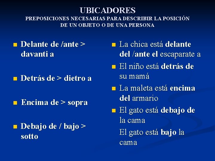 UBICADORES PREPOSICIONES NECESARIAS PARA DESCRIBIR LA POSICIÓN DE UN OBJETO O DE UNA PERSONA