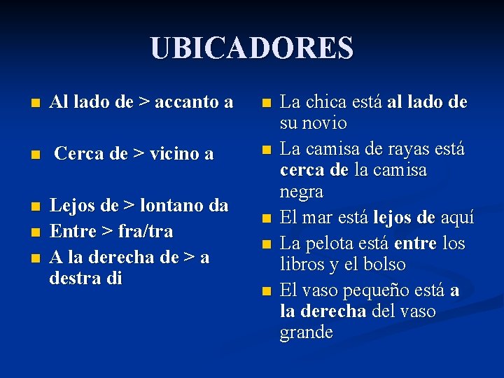 UBICADORES n n n Al lado de > accanto a Cerca de > vicino