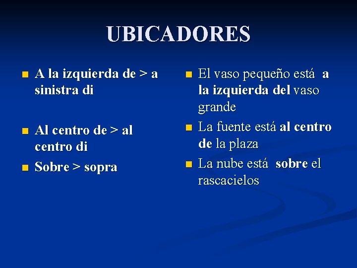 UBICADORES n A la izquierda de > a sinistra di n n Al centro