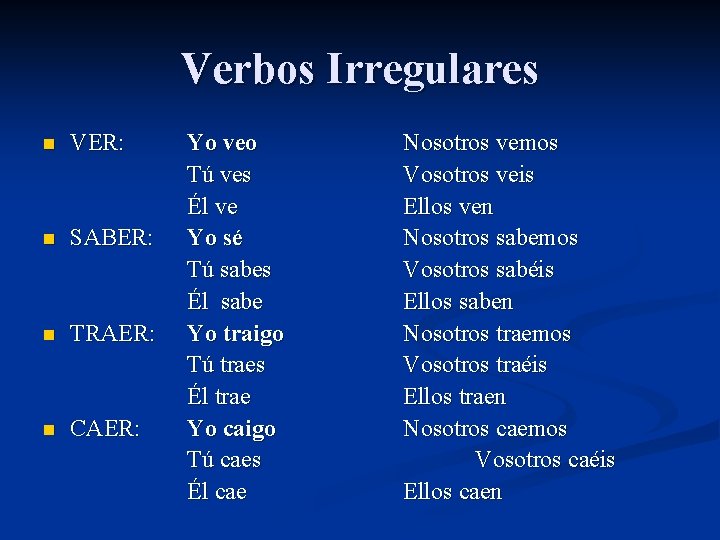 Verbos Irregulares n VER: n SABER: n TRAER: n CAER: Yo veo Tú ves