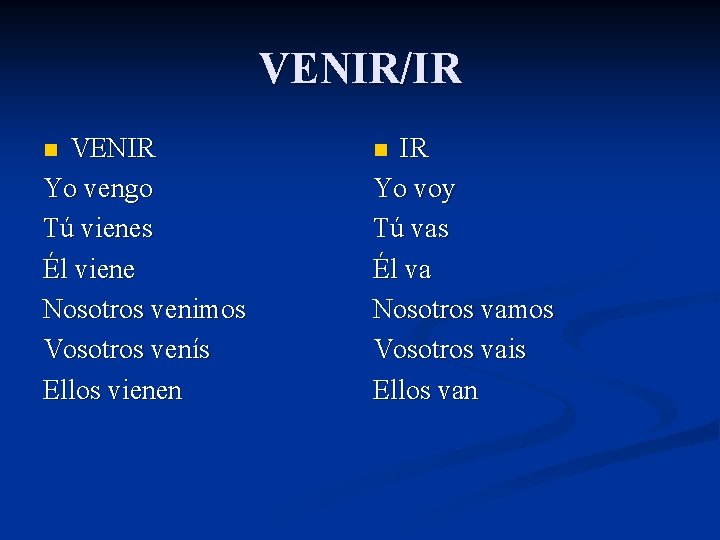 VENIR/IR VENIR Yo vengo Tú vienes Él viene Nosotros venimos Vosotros venís Ellos vienen