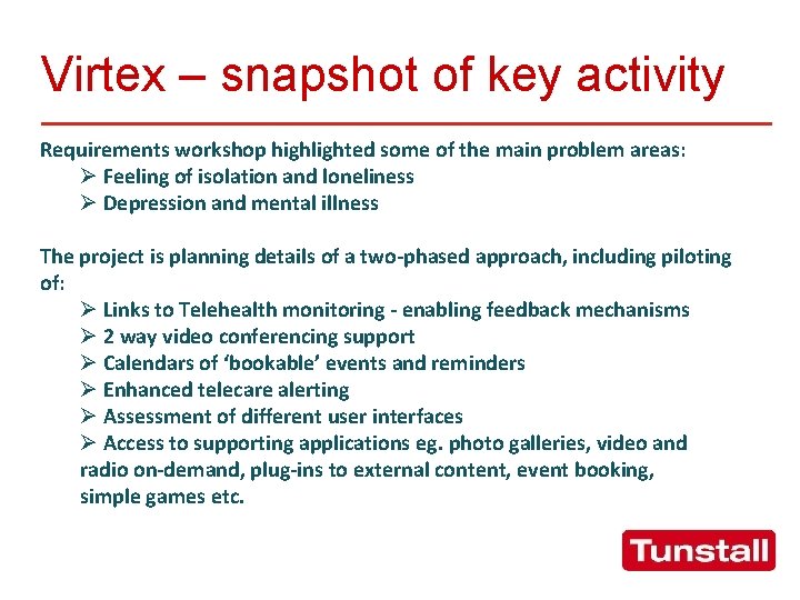 Virtex – snapshot of key activity Requirements workshop highlighted some of the main problem