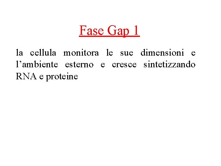 Fase Gap 1 la cellula monitora le sue dimensioni e l’ambiente esterno e cresce