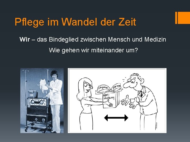 Pflege im Wandel der Zeit Wir – das Bindeglied zwischen Mensch und Medizin Wie