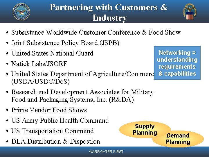 Partnering with Customers & Industry • • • Subsistence Worldwide Customer Conference & Food