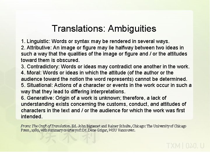 Translations: Ambiguities 1. Linguistic: Words or syntax may be rendered in several ways. 2.