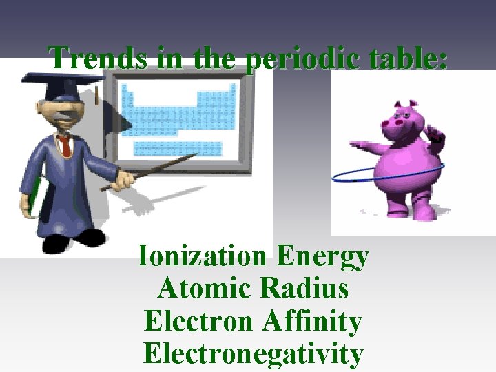 Trends in the periodic table: Ionization Energy Atomic Radius Electron Affinity Electronegativity 