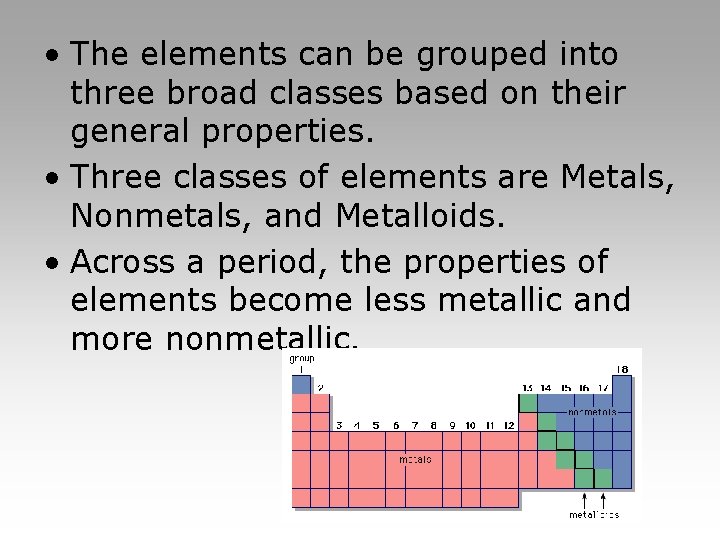  • The elements can be grouped into three broad classes based on their