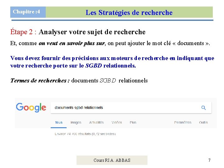 Chapitre : 4 Les Stratégies de recherche Étape 2 : Analyser votre sujet de