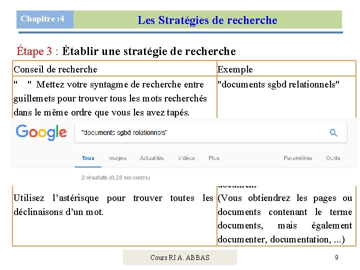 Chapitre : 4 Les Stratégies de recherche Étape 3 : Établir une stratégie de