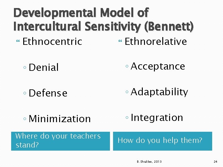 Developmental Model of Intercultural Sensitivity (Bennett) Ethnocentric Ethnorelative ◦ Denial ◦ Acceptance ◦ Defense