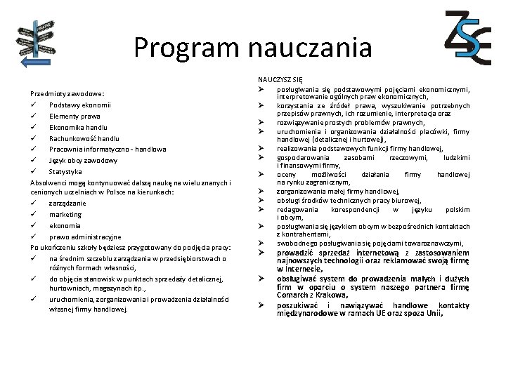 Program nauczania Przedmioty zawodowe: ü Podstawy ekonomii ü Elementy prawa ü Ekonomika handlu ü