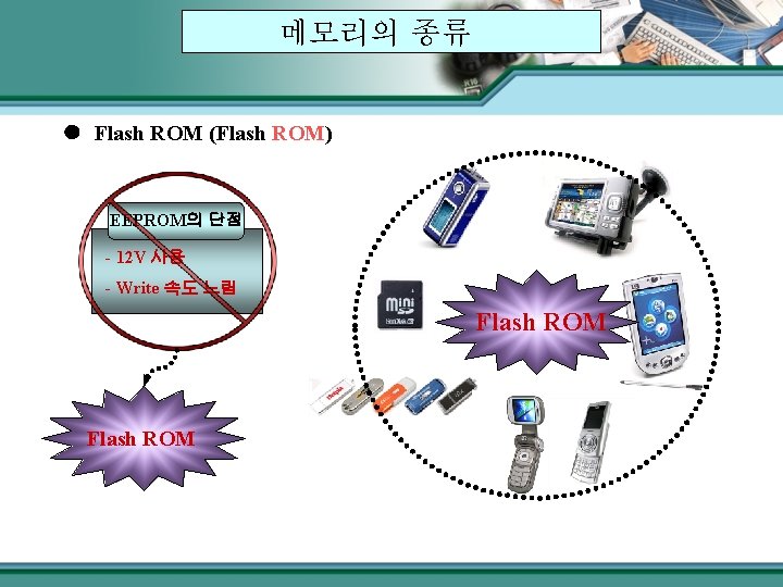 메모리의 종류 Flash ROM (Flash ROM) EEPROM의 단점 - 12 V 사용 - Write