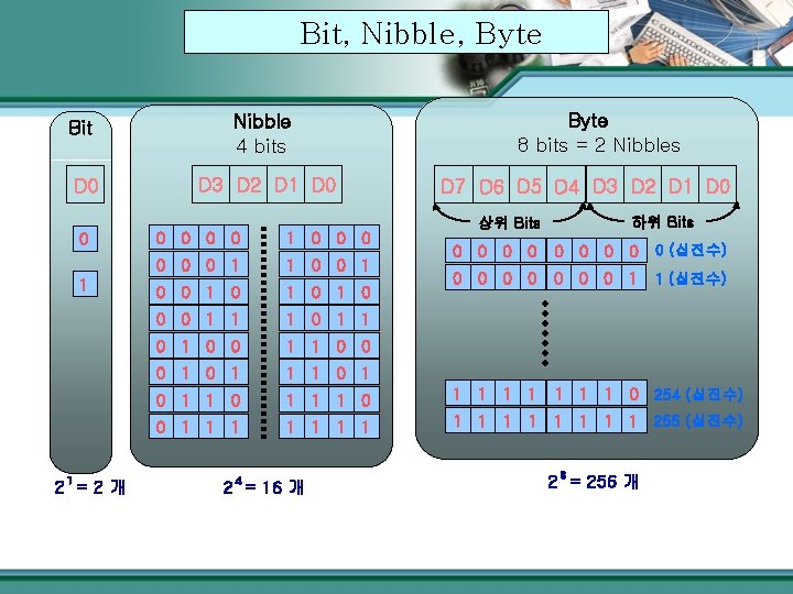 Bit, Nibble, Byte Bit D 0 0 1 1 2 =2개 Nibble 4 bits