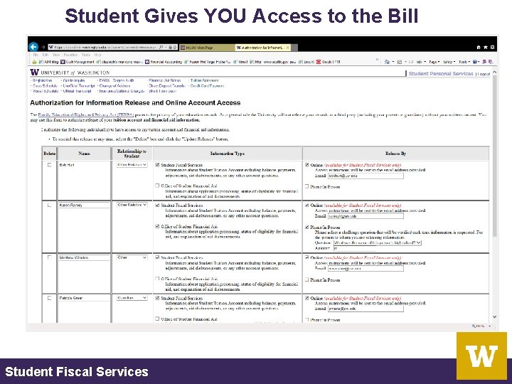 Student Gives YOU Access to the Bill Student Fiscal Services 