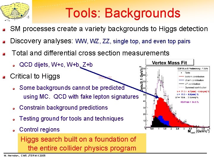 Tools: Backgrounds SM processes create a variety backgrounds to Higgs detection Discovery analyses: WW,