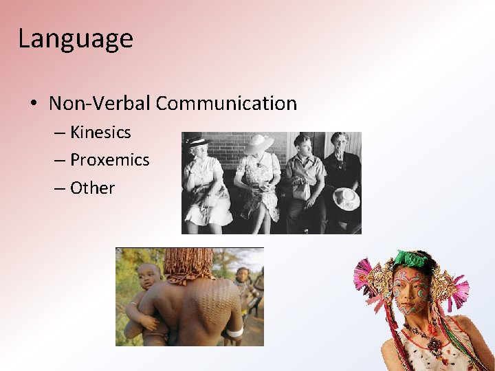 Language • Non-Verbal Communication – Kinesics – Proxemics – Other 