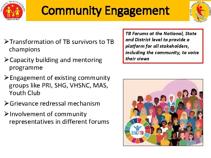 Community Engagement ØTransformation of TB survivors to TB champions ØCapacity building and mentoring programme
