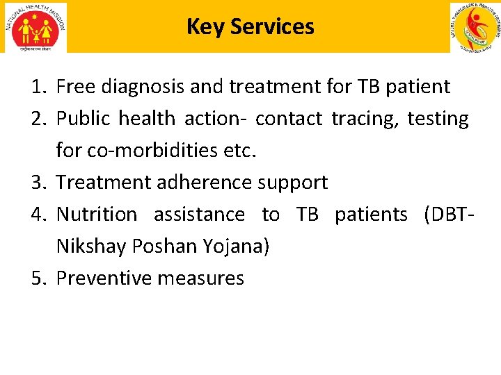 Key Services 1. Free diagnosis and treatment for TB patient 2. Public health action-